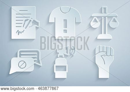 Set Air Horn, Scales Of Justice, Speech Bubble Chat, Raised Hand With Clenched Fist, T-shirt Protest