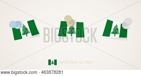 Pinned Flag Of Norfolk Island In Different Shapes With Twisted Corners. Vector Pushpins Top View. Fl