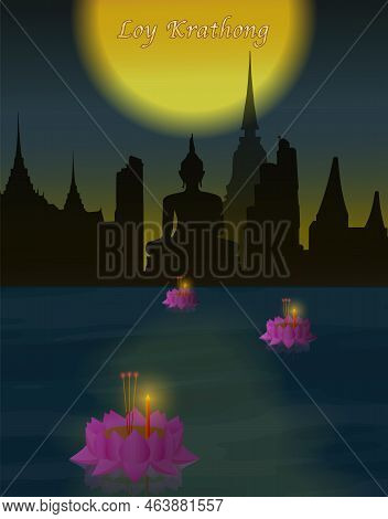 Loy Krathong Festival Cartoon Styleflat Design. A Business Presentation Vector Template Used For Dec