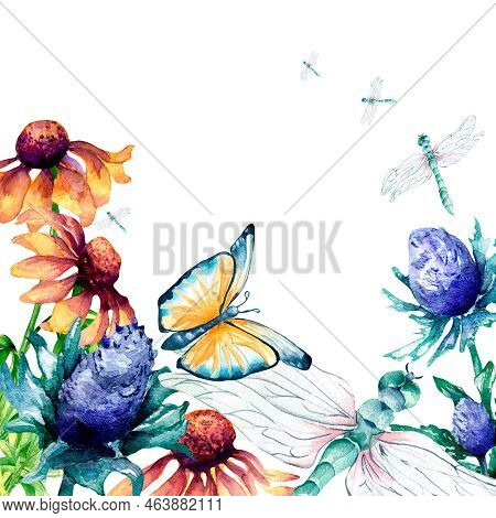 Board Of Butterfly, Dragonflies And Wild Flowers Watercolor Illustration On White.