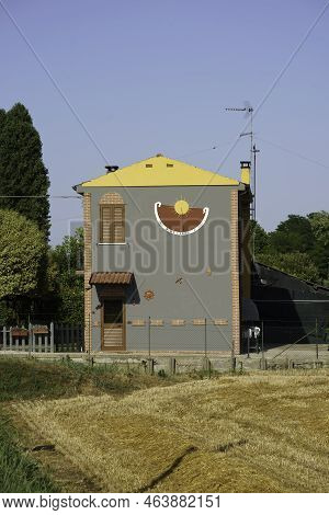Strange House With Sundial Near Badia Polesine, In Rovigo Province, Veneto, Italy, At Summer