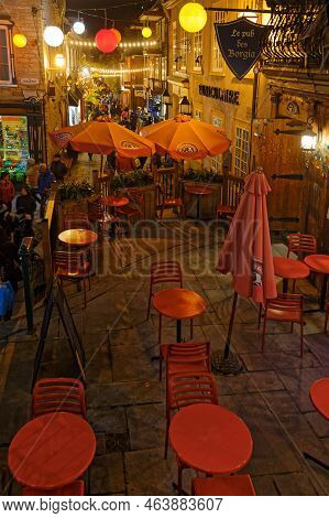 Quebec, Canada, October 8, 2022 : Quebec City Small Streets Of Petit Champlain District By Night. Th