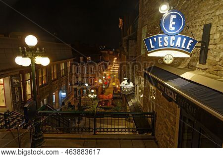 Quebec, Canada, October 8, 2022 : Quebec City Small Streets Of Petit Champlain District By Night. Th