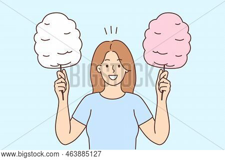 Smiling Young Woman Holding Cotton Candy On Sticks. Happy Girl With Sweet Sugar Snack. Delicious Par