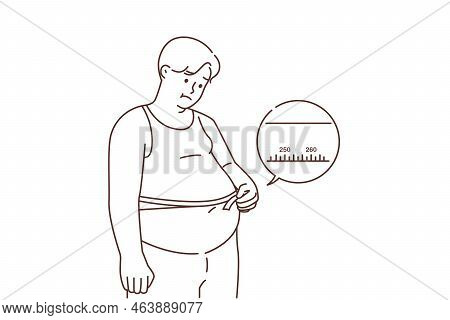 Upset Fat Man Measure Belly With Tape Suffer From Excessive Weight. Unhappy Overweight Male Distress