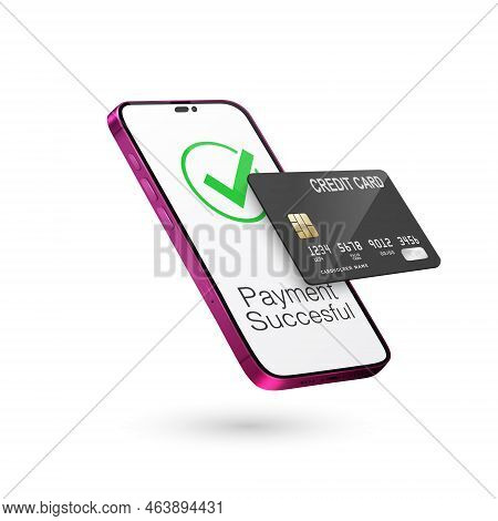 Vector 3d Realistic Pink Smartphone, Credit Card, Wi-fi Successful Payment. Concept Of Payment For P