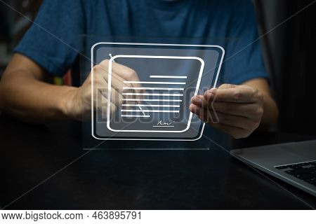 Online Business Contract Electronic Signature, E-signing Document Digital Cyber Network.