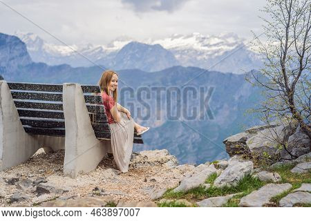 Woman Tourist On Background Of Breathtaking Panoramic View Of The Grlo Sokolovo Gorge In Montenegro.