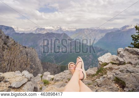 Woman Tourist On Background Of Breathtaking Panoramic View Of The Grlo Sokolovo Gorge In Montenegro.