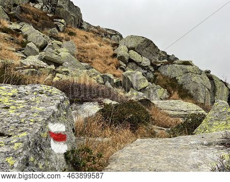 Mountaineering Signposts And Markings In The Mountainous Area Of The Alpine St. Gotthard Pass (gotth