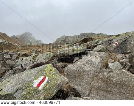 Mountaineering Signposts And Markings In The Mountainous Area Of The Alpine St. Gotthard Pass (gotth