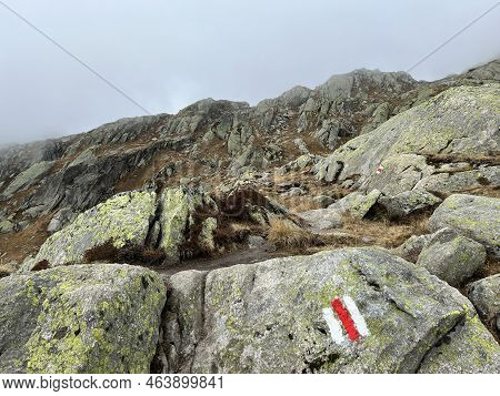 Mountaineering Signposts And Markings In The Mountainous Area Of The Alpine St. Gotthard Pass (gotth