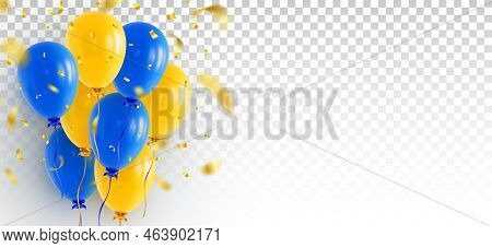Bunch Of Blue And Yellow Helium Balloons On Transparent Background With Falling Confetti And Blank C