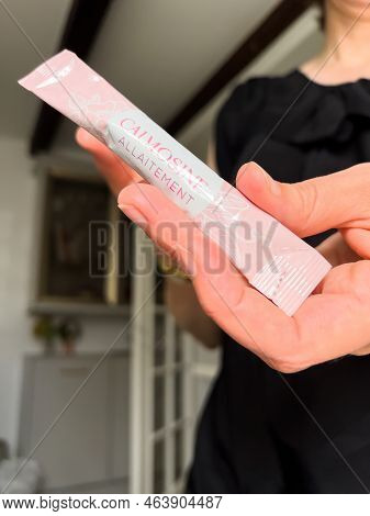 Paris, France - Sep 13, 2022: Woman Hand Holding Calmosine Pack For Childrens - Calmosine Digestion 