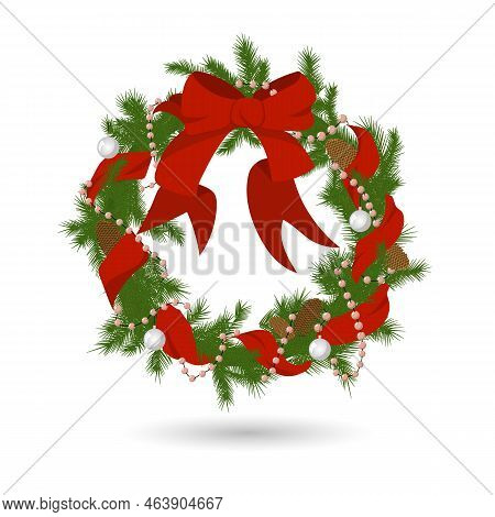 Vector Christmas Firry Wreath With Red Ribbon, Bow, Beads, Bolls