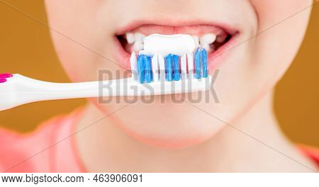 Dental Hygiene. Happy Little Kid Brushing Her Teeth. Health Care, Dental Hygiene. Kid Boy Brushing T
