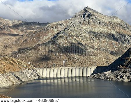 The Dam Lucendro Or Concrete Dam On The Reservoir Lake Lago Di Lucendro In The Swiss Alpine Area Of 