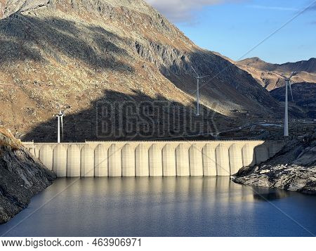 The Dam Lucendro Or Concrete Dam On The Reservoir Lake Lago Di Lucendro In The Swiss Alpine Area Of 