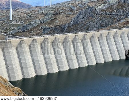The Dam Lucendro Or Concrete Dam On The Reservoir Lake Lago Di Lucendro In The Swiss Alpine Area Of 