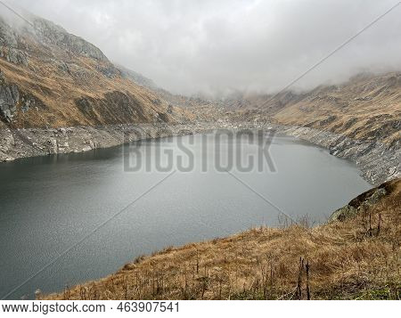 Artificial Reservoir Lake Lago Di Lucendro Or Accumulation Lake Lucendro In The Swiss Alpine Area Of