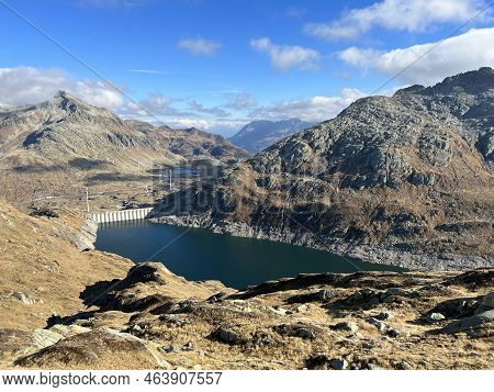Artificial Reservoir Lake Lago Di Lucendro Or Accumulation Lake Lucendro In The Swiss Alpine Area Of
