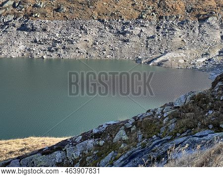 Artificial Reservoir Lake Lago Di Lucendro Or Accumulation Lake Lucendro In The Swiss Alpine Area Of