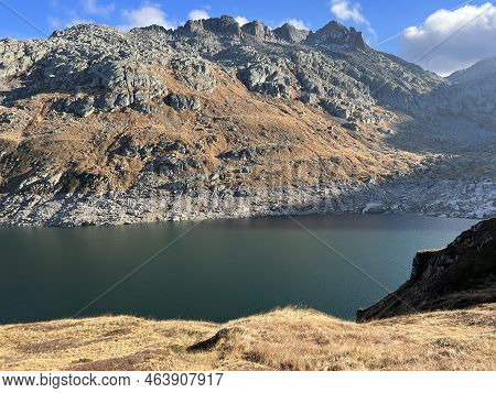 Artificial Reservoir Lake Lago Di Lucendro Or Accumulation Lake Lucendro In The Swiss Alpine Area Of