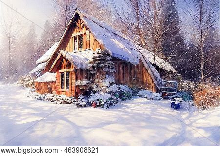 Rustic Country House, Snowy Winter.freehand Watercolor Drawing Painting.digital Designer Art.abstrac