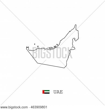 Uae Vector Map Outline, Line, Linear. United Arab Emirates Black Map On White Background. Uae Flag