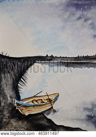 Boats On A Lake Or River, A Wooden Boat With A Padle, A Watercolor Landscape Reflected In The Water,