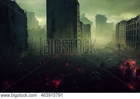 Zombies Horde In Ruined City After An Outbreak. Digital Art Style Painting