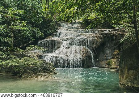 Forest And Waterfall At Ton Nga Chang Waterfall, Erawan, Songkhla, Thailand. Tourustic Attraction An
