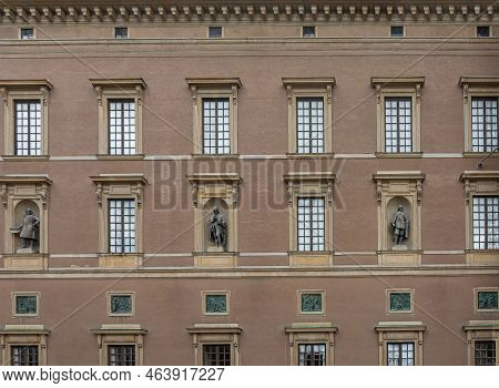 Sweden, Stockholm - July 16, 2022: Royal Palace. Sw Slottsbacken Facade Closeup With Rectangular Win
