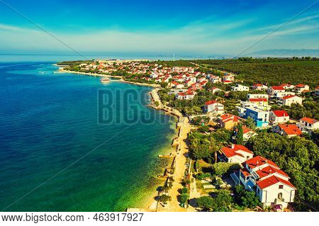 Aerial Top View Of Village Petrcane, Croatia. Touristic Background With Blue Sea, Coastline And Red 