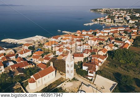 Aerial Top View Of Village Petrcane, Croatia. Touristic Background With Blue Sea And Red Roofs. Zada