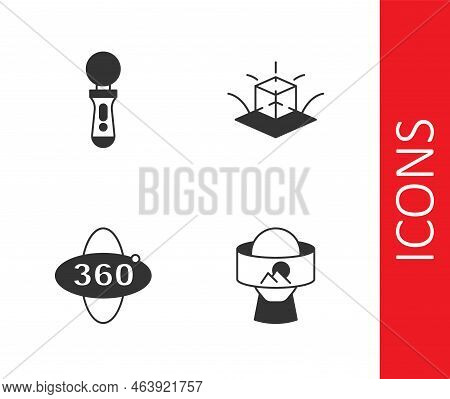 Set Virtual Reality Glasses, Vr Controller Game, 360 Degree View And 3d Modeling Icon. Vector