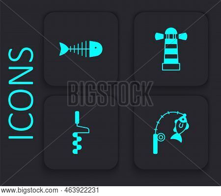 Set Fishing Rod And Fish, Skeleton, Lighthouse And Hand Ice Drill Icon. Black Square Button. Vector