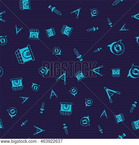 Set Blacksmith Oven, Horseshoe, Medieval Sword And Air Blower Bellows On Seamless Pattern. Vector