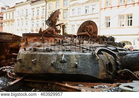 Lviv, Ukraine - August 18, 2022: Exhibition Of Destroyed Russian Military Vehicles During The Russia