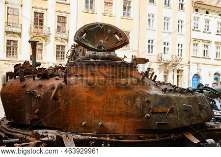 Lviv, Ukraine - August 18, 2022: Exhibition Of Destroyed Russian Military Vehicles During The Russia