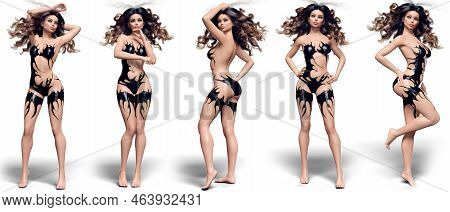 3d Illustration. Different Poses Of A Beautiful Girl In Black Lingerie On A White Background.