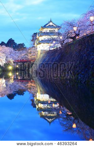 Luce del castello di Hirosaki e fiori di ciliegio