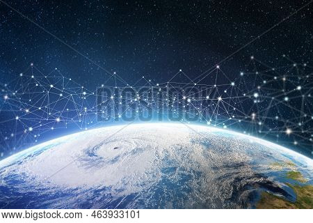 Global Information Network Over The Planet. Earth Is Surrounded By Digital Data. Elements Of This Im