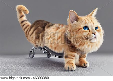 Disabled Cat On Trolley Wheelchair Harness For Animals Isolated On White Background. Veterinary Orth