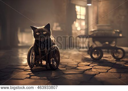 Black Disabled Cat Walking By Harness Wheelchair For Animals In A Vet Clinic. Veterinary Orthopedic 
