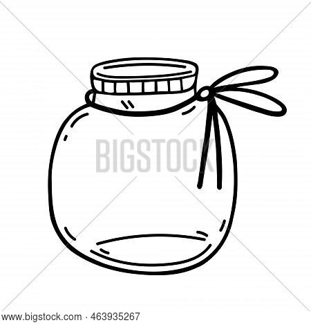 Mason Jar Vector Icon. Hand Drawn Glass Container Isolated On White. Empty Vintage Pot With Ribbon, 
