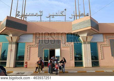 Agadir, Morocco - February 27, 2022: Passengers Exit Agadir Airport Terminal In Morocco. Agadir Is A