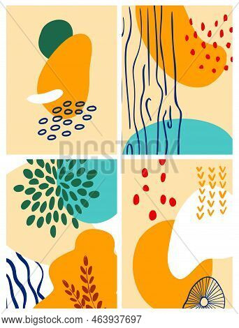 Abstrast Shape And Floral, Modern Wall Art Poster Set. Hand Drawn Lines And Organic Shape Graphic Pr