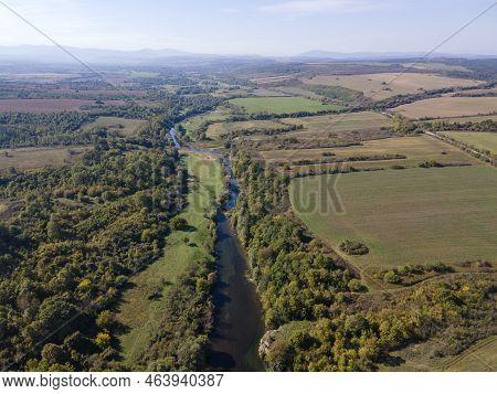 Aerial View Of Vit River, Passing Near Village Of Aglen,  Bulgaria