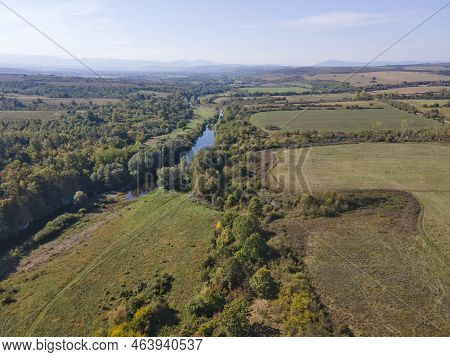 Aerial View Of Vit River, Passing Near Village Of Aglen,  Bulgaria